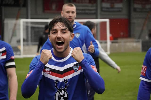 Whitby Town's Layton Watts celebrates a crucial 3-2 win on the road at FC United of Manchester on Good Friday. Photo by Owen Cox