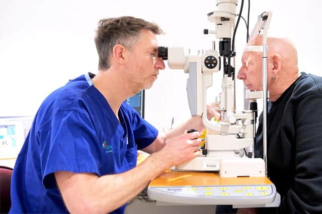 Optegra optometrist Oliver Bowen-Thomas with patient Jim Hayles