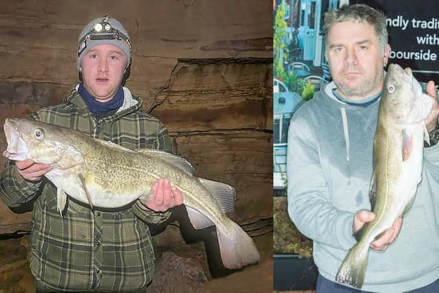 Dylan Goldsmith, left, and Jason Ebison, with their Heaviest Fishes from the Cloughton Rocks Festive Sweepstake Open and first WSAA match of 2025 respectively. Photo by Peter D Horbury