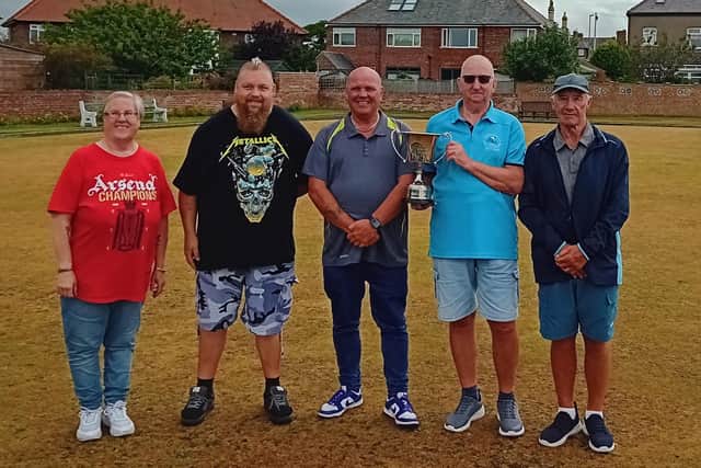 From left, Terry Summersgill Drawn Pairs runners-up Lynn Gates & David Knights, Emmo Emmerson, and winners Billy Holdsworth & Ray Leeman.