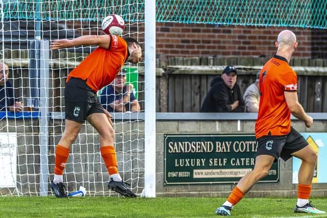 James Harrison's effort sails into the Blyth Spartans net. Photo by Brian Murfield
