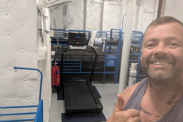 Stephen Blackford uses a treadmill while at sea to prepare himself for the challenges.