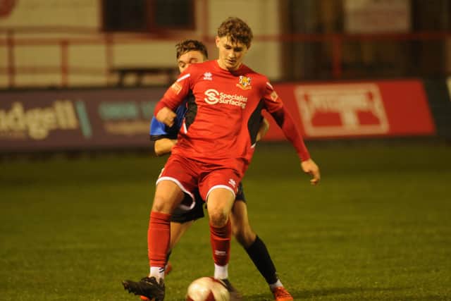 Recent Bridlington Town recruit Harry Milner in action during their 3-0 East Riding FA Senior Cup win against East Riding Rangers. PHOTO BY DOM TAYLOR