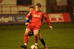 Recent Bridlington Town recruit Harry Milner in action during their 3-0 East Riding FA Senior Cup win against East Riding Rangers. PHOTO BY DOM TAYLOR