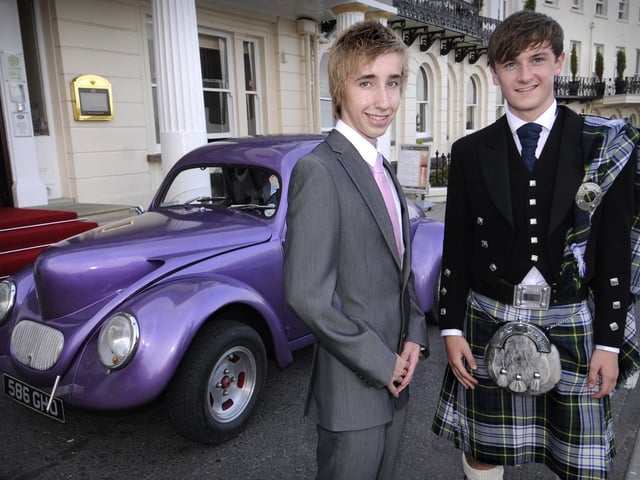 St Augustine's School students Callum Chaplin (left) and Sean Mullen arrived by Hot Rod.