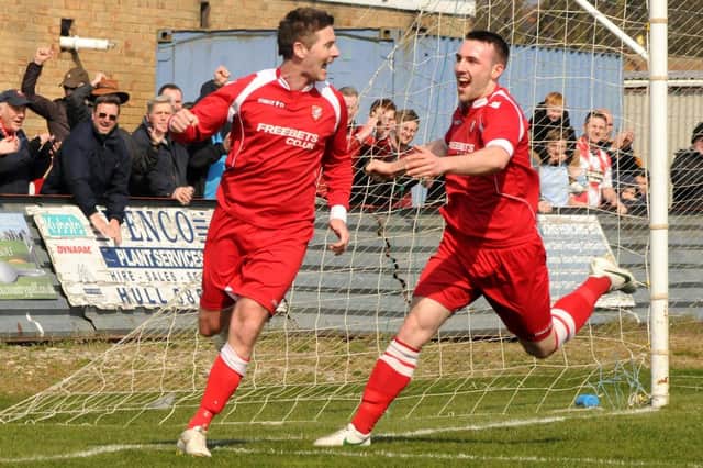 Paddy Miller, right, celebrates with Bryan Hughes as Boro seal the NCEL Premier title 
