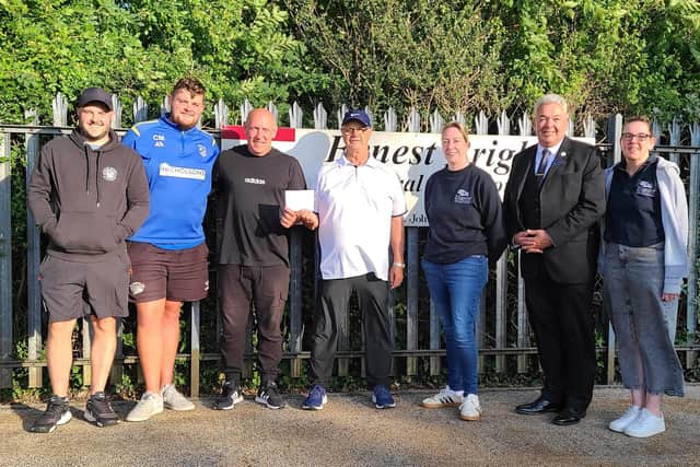 From left, Dukes Park Doubles runners-up Adam Chilvers, Callum Malone, winners Andy Webb and Stuart Thompson and representatives of sponsors Ernest Brigham.