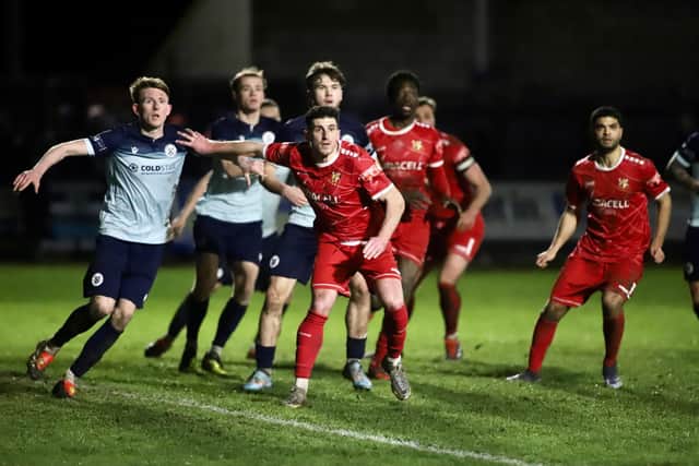 Michael Coulson looks to find room in the Grimsby box as Bridlington Town slip to a 1-0 home loss against Grimsby Borough on Tuesday. Photo by TCF Photography