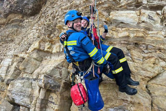 The two  two newly qualified rope rescue technicians who covered descent, lots of stretcher work, animal rescue bag, emergency rescue sling, body recovery, casualty care and more.