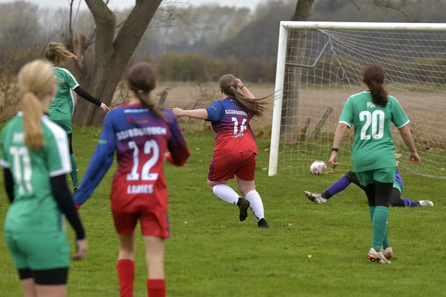 Striker Ellie-Mae Bloomfield celebrates doubling Scarborough Ladies U15s' lead