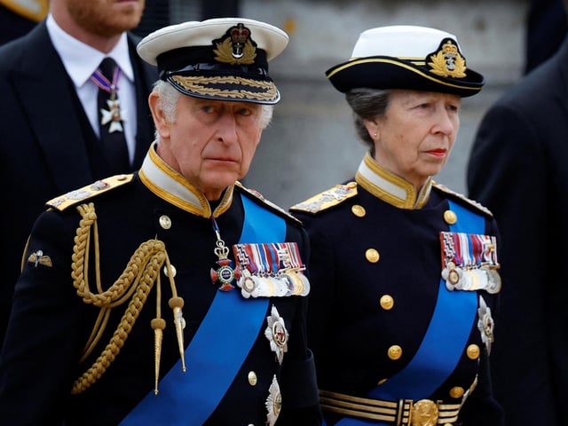 King Charles and Britain's Anne, Princess Royal attend the state funeral and burial of Britain's Queen Elizabeth, at Parliament Square in London. (Photo by SARAH MEYSSONNIER / POOL / AFP) (Photo by SARAH MEYSSONNIER/POOL/AFP via Getty Images)