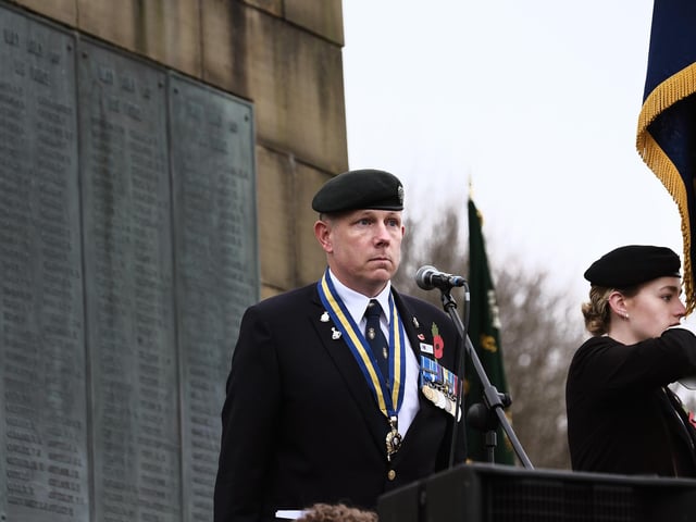Chair of the Royal British Legion Scarborough Branch Mathew O'Brien addresses those gathered