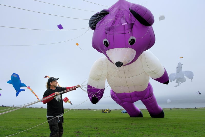 Craig Harby with his giant kite bear