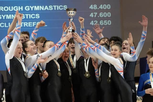 Scarborough Gymnastic Academy's Junior Mixed team celebrate their win at the Mid European TeamGym Championships. PHOTO BY TOM PECK