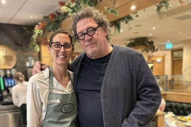 TV chef Marco Pierre White with Sophie Wilkinson of Trenchers Fish and Chip Restaurant in Whitby. Photo: Goffy Media