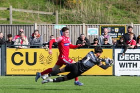 Boro sub Dom Tear is denied by Buxton's goalkeeper Theo Richardson just before the half-time interval. PHOTOS BY VIKING PHOTOGRAPHY YORK