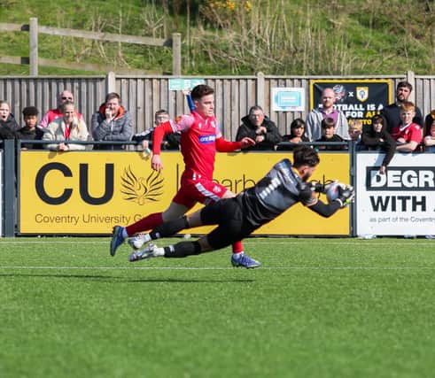 Boro sub Dom Tear is denied by Buxton's goalkeeper Theo Richardson just before the half-time interval. PHOTOS BY VIKING PHOTOGRAPHY YORK