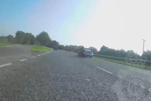 A car narrowly missing a motorbike in the outside lane is among the offences captured on dashcam footage