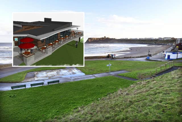 Developers want to build a new café on the 'bulge'. Inset, an artist's impression of what the new building could look like.
