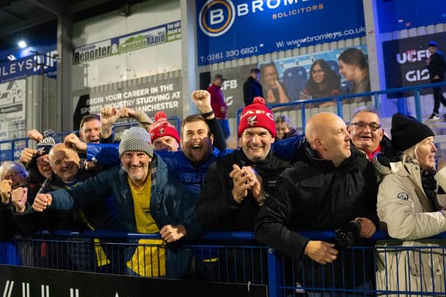 Boro fans celebrate the win at Curzon Ashton. Photo by Wandering Photography
