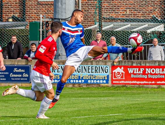 Junior Mondal scored what turned out to be a consolation goal for Whitby Town in the 3-1 loss at home to Ashton United. PHOTOS BY BRIAN MURFIELD