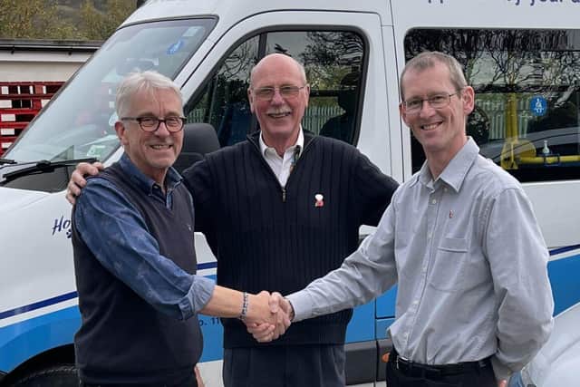 Chair, Colin Woodhead (centre) with retiring Manager Tim Lawson (L) and new Manager Steve Marsh (R)