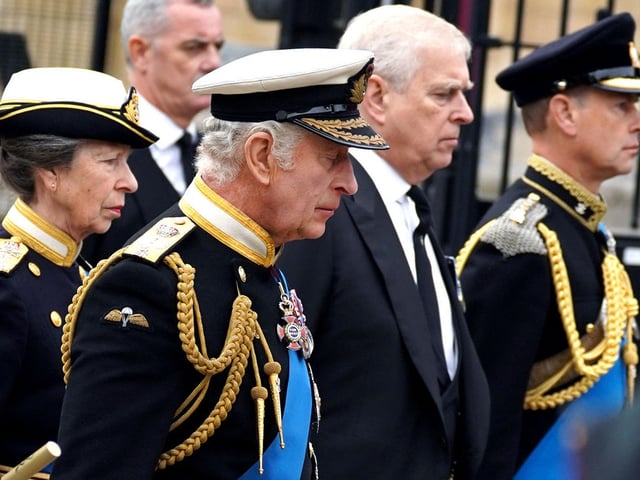 Princess Anne, Princess Royal, Britain's King Charles III, Britain's Prince Andrew, Duke of York and Britain's Prince Edward, Earl of Wessex arrive at Westminster Abbey. (Photo by Yui Mok / POOL / AFP) (Photo by YUI MOK/POOL/AFP via Getty Images)