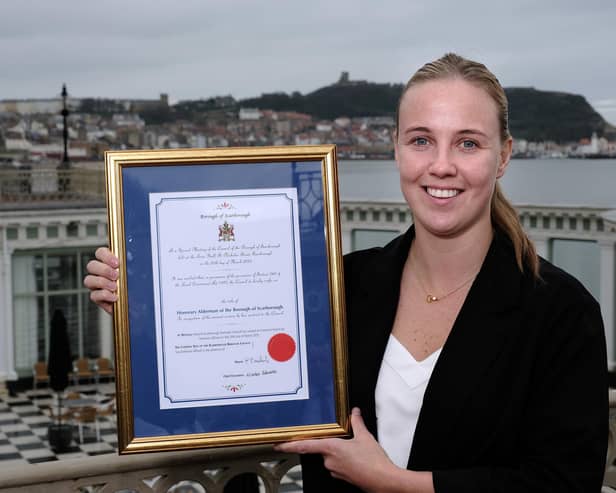 Beth Mead alongside her award after being granted the Freedom of the Borough of Scarborough.