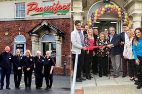 On the right is a photo from the store's grand opening in 2016, and on the left is a photo from 10 years later, with the store manager and 4 original staff members who have been at the company a decade.