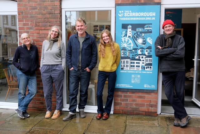 Team effort, from left, Sally Gorham, Charlotte Oliver, Chris Sands, Hannah Graham Slaw and Toby Hyam outside This Is Scarborough pop-up information hub (Credit: Ricahrd Ponter)