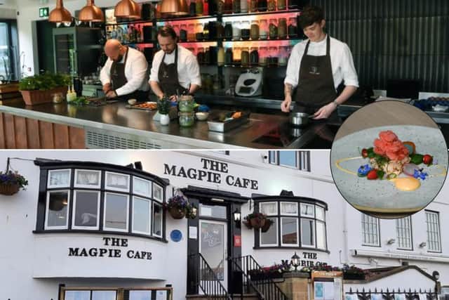 Included in the restaurant month are, top, FiftyTwo at Rudding Park, Harrogate; The Magpie Cafe in Whitby and, inset: crab dish at FiftyTwo Rudding Park.
