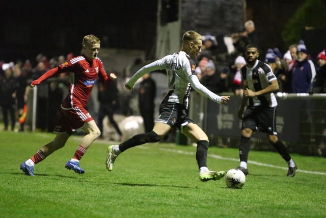 Harry Green tracks a Spennymoor player.