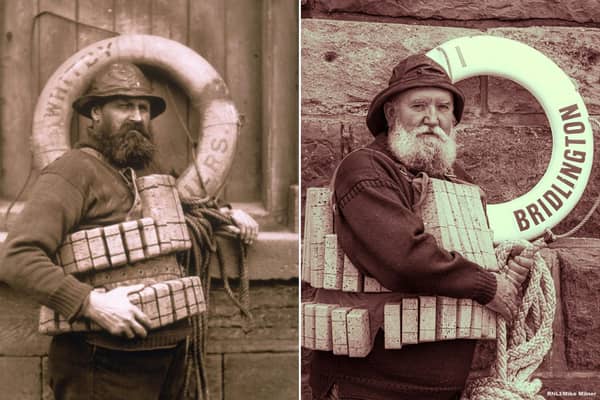 Whitby RNLI volunteer Henry Freeman photographed in 1880 (left) and modern recreation featuring Bridlington RNLI volunteer Bob Taylor (right). Photos courtesy of Whitby Literary and Philosophical Society (left) and Mike Milner Bridlington RNLI (right).
