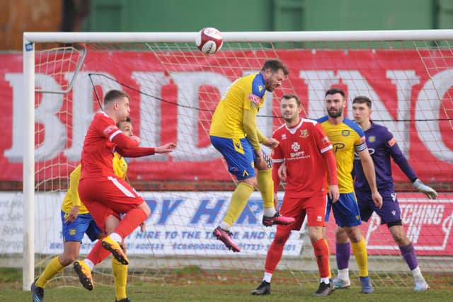 Stockton Town defend a Bridlington corner PHOTOS BY DOM TAYLOR