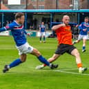 Mitch Curry scores the crucial goal as Whitby Town confirmed their NPL Premier Division status with a 1-0 home win against Blyth. Photo by Brian Murfield