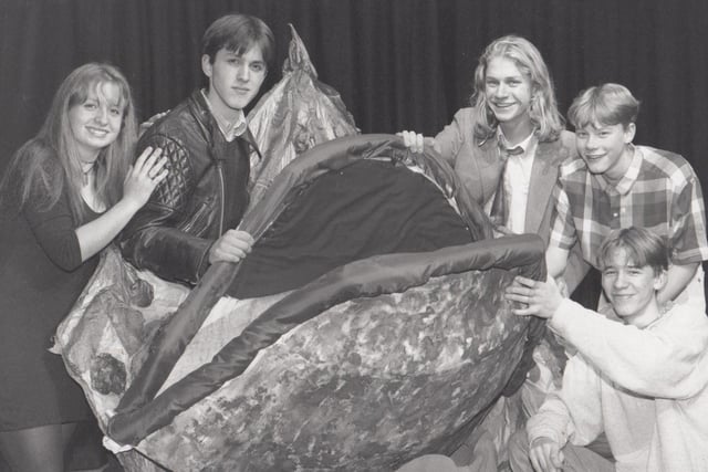 Here are the cast of Scarborough Sixth Form College's production of Little Shop of Horrors in November, 1995. From left Andrea Dickinson, Daniel Wood, Ewen McIntyre, Richard Glaves, and stage manager Andrew Carr, along with Audrey II. 