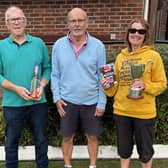 From left, runner-up Brian Dalby, Borough president Shaughan Temple and Wally Cup winner Caroline Watson.