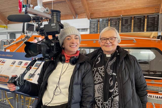 Songs of Praise producer Isabel Popple prepares for filming and questions about faith with Scarborough RNLI Station chaplain Pam Jennings