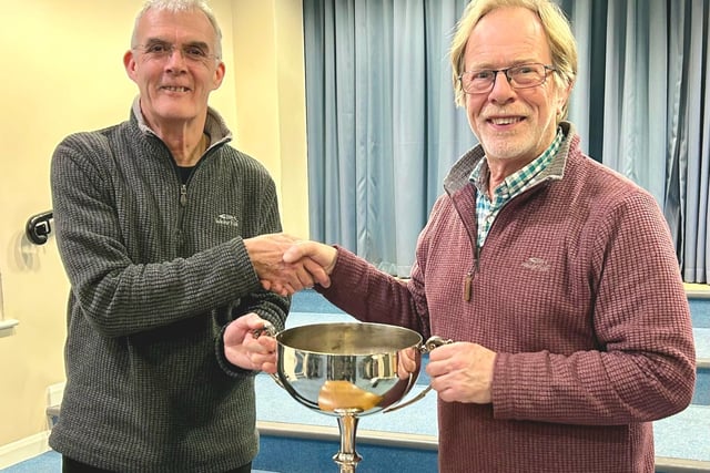 Mike Shaw (left) presenting the Sutcliffe Trophy to Graham Robinson.
Picture by Sue Rowley.