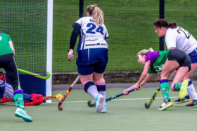 Chloe Orrel (far right) scores Danby's goal. PHOTOS BY BRIAN MURFIELD