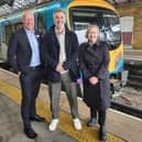 Chris Jackson, MD of TransPennine Express, Mayor of York and North Yorkshire David Skaith and MP Alison Hume at Scarborough railway station. photo: Anttoni James Numminen, LDRS