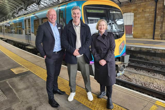 Chris Jackson, MD of TransPennine Express, Mayor of York and North Yorkshire David Skaith and MP Alison Hume at Scarborough railway station. photo: Anttoni James Numminen, LDRS