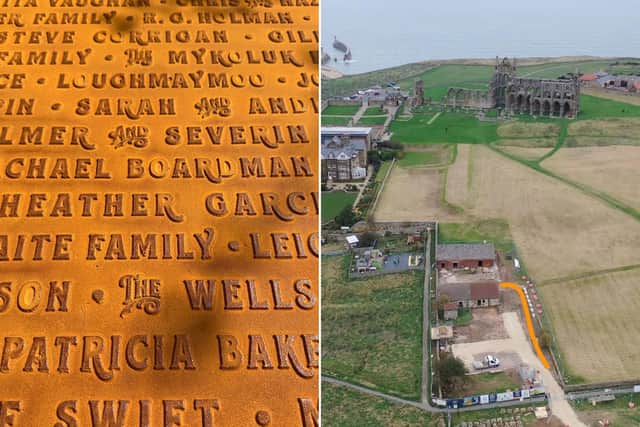 A finished panel which shows texture of text and aged colour of the cast iron; and the building site, with an orange line where the path will be laid.