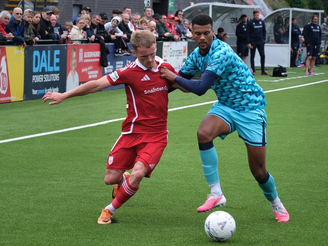 Boro's Jack Waldron is put under pressure by Southport. Photo by Richard Ponter
