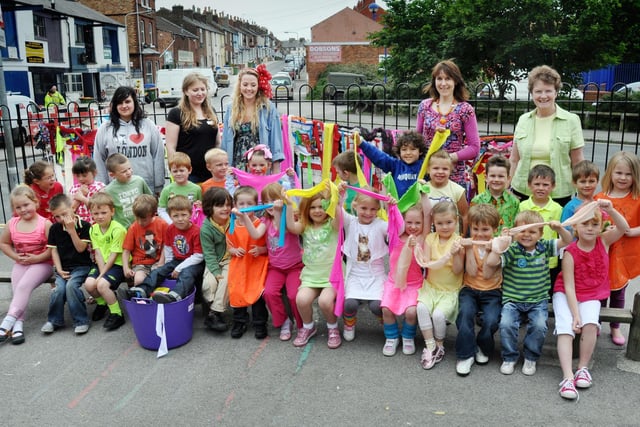 Gladstone Road Infant school held an arts week - pictured are some of the infants with their brightly coloured ribbons and staff back left to right Sophia Linley, Amber Persephone, Emily Pelucci, Mrs Leighton and Mrs Ward.
102465a
