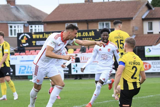 Skipper Will Thornton celebrates scoring the second Boro goal at Hebburn. Photo by Jack Boys