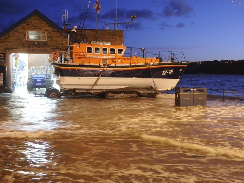 Scarborough lifeboat surrounded by water but on land!