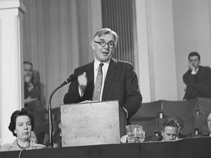 British politician Richard Crossman (1907 - 1974) speaking at the Labour Party Conference in Scarborough, October 1963.