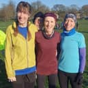 Sue Haslam, centre, celebrated his 70th birthday with Harrogate Parkrun age-group win, accompanied by her daughters.