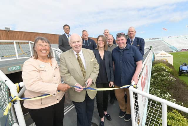 Yorkshire Cricket Club president Jane Powell and Scarborough Cricket Club president Bill Mustoe cut the ribbon alongside representatives from Scarborough Cricket Club, Yorkshire County Cricket Club, North Yorkshire Council and the England and Wales Cricket Board.